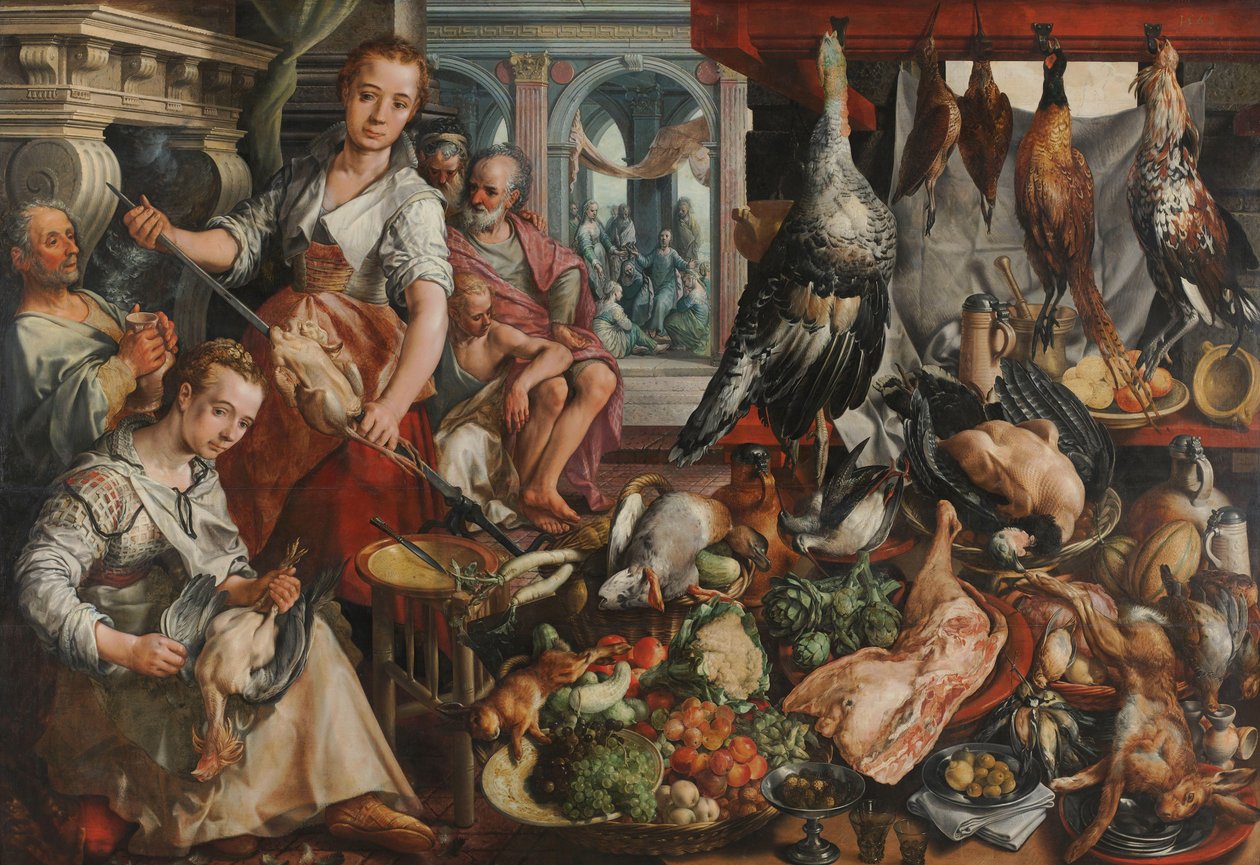 A cozinha bem abastecida, com Jesus na casa de Marta e Maria ao fundo de Joachim Bueckelaer