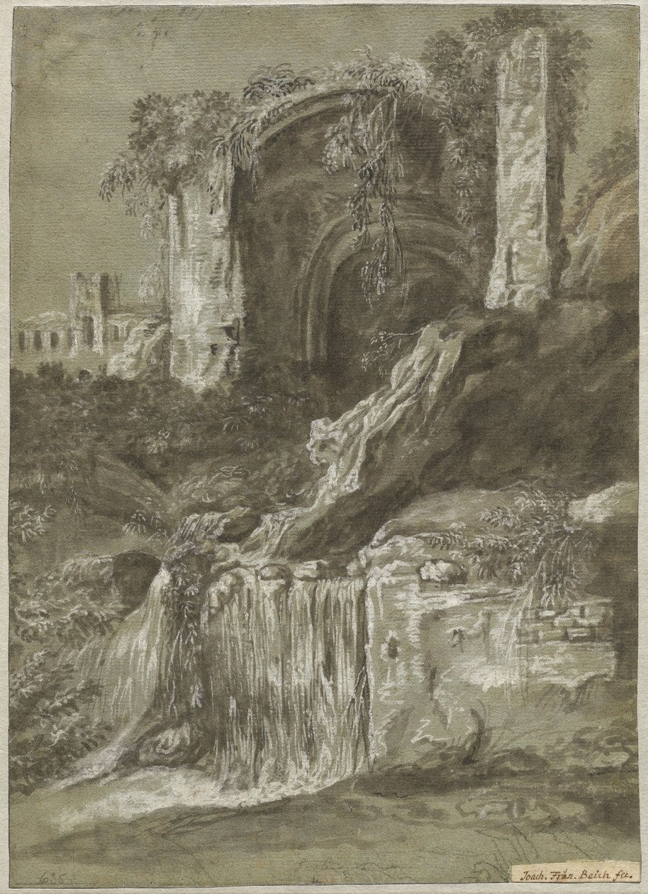 Uma cachoeira com ruínas (verso) de Joachim Franz Beich