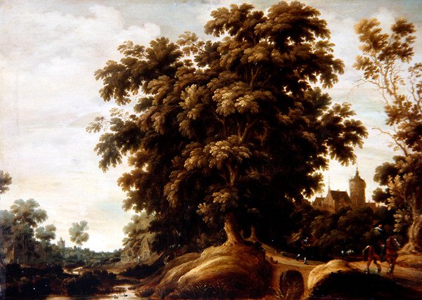 A River Landscape with Figures and a Village beyond (petróleo no painel) de Joachim Govertsz Camphuysen