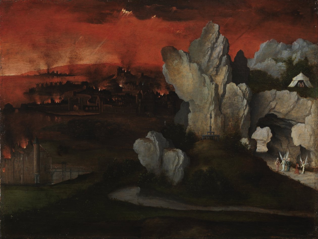 Paisagem com a Destruição de Sodoma e Gomorra, c.1520 (óleo sobre painel) de Joachim Patinir