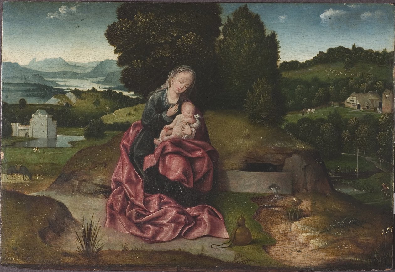 Le repos pendant la fuite en Egypte - The Rest on the Flight into Egypt, de Patinier (Patenier, Patinir), Joachim (ca. 1480-1524). Óleo sobre madeira. Dimensão : 21,5x31 cm. Nationalmuseum Estocolmo de Joachim Patinir