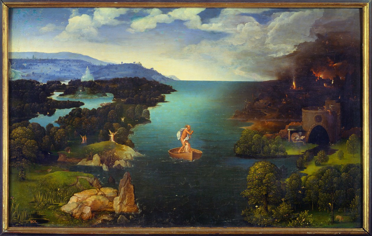 A passagem do Styx Charon (Caron) em seu barco no Submundo. Pintura de Joachim Patinir (Skater) (1485-1524) (ec.flam.) Sol 0,64x1,03 m Madrid, musee du prado de Joachim Patinir