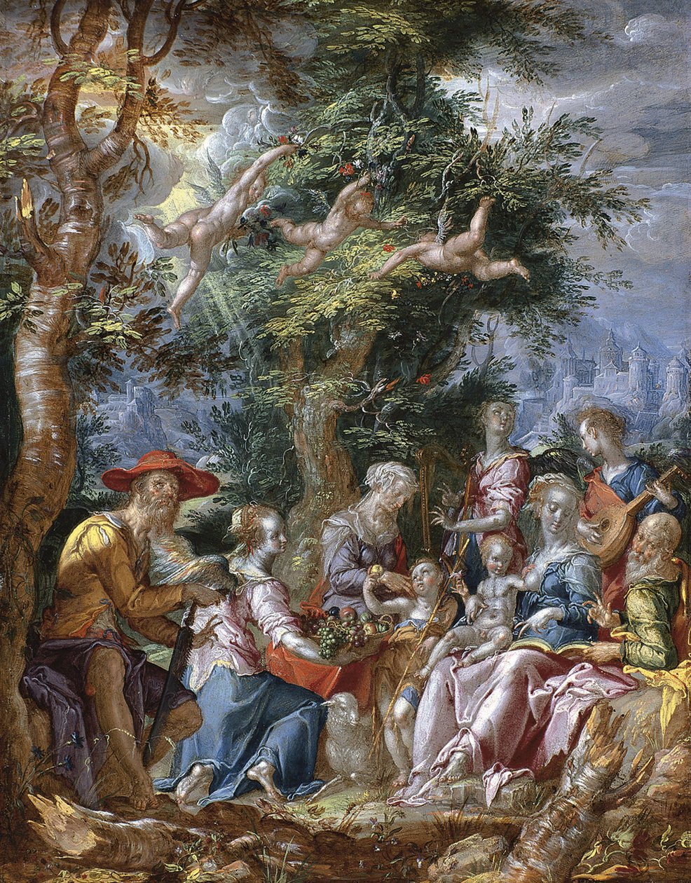 A Sagrada Família com Santos e Anjos de Joachim Wtewael or Utewael