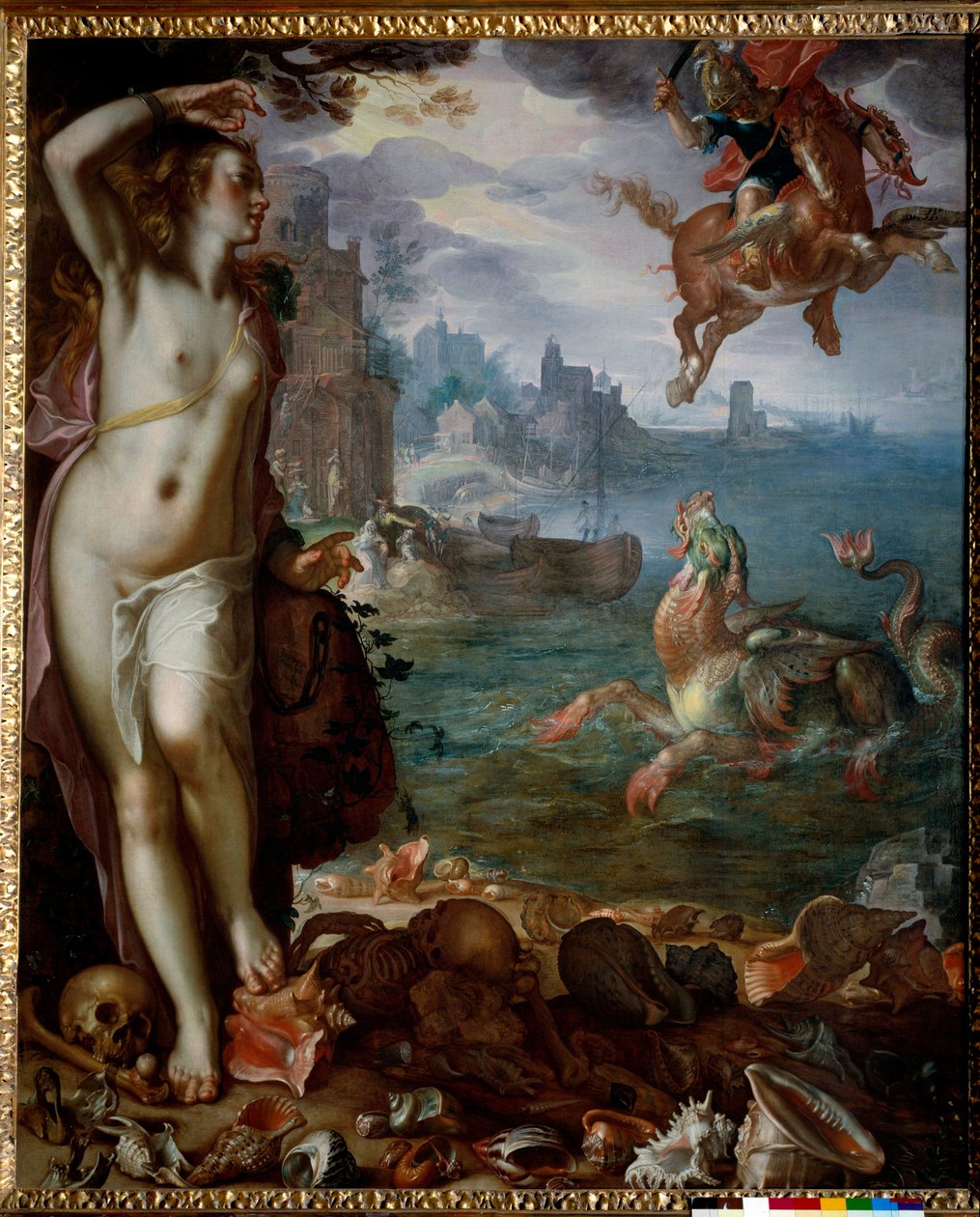 Percebe que Andromede salva acorrentado a uma pedra Os heróis, sobe em Pegase, luta contra um monstro marinho. Pintura de Joachim Wtewael (1566-1638) (Ec. Hol.) 1611 Sol. 1,8x1,5 m de Joachim Wtewael or Utewael