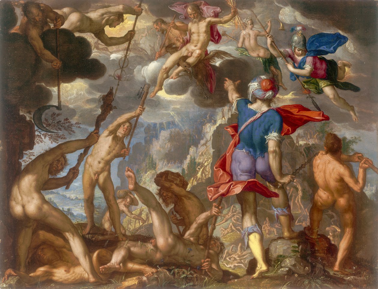 A batalha entre os deuses e os gigantes, c.1608 de Joachim Wtewael or Utewael