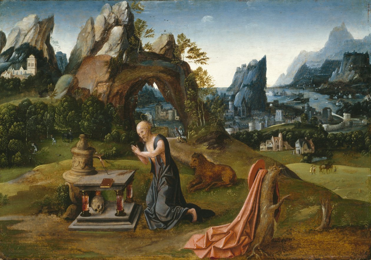São Jerônimo orando em uma paisagem, 1525-50 de Joachim follower of Patenier or Patinir