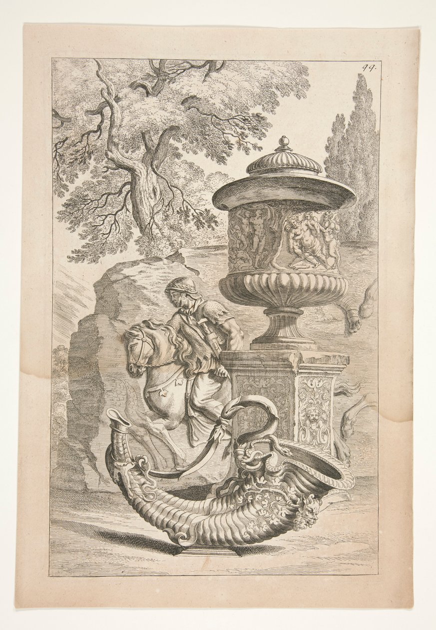 Um Relevo de Guerreiros, um vaso coberto decorado com um Relevo Báquico, e uma Cornucópia numa Paisagem de Joachim von Sandrart