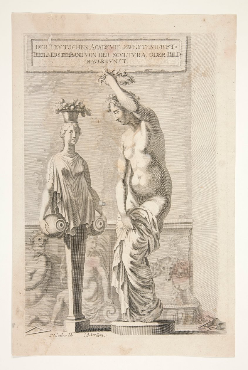 Uma estátua e um vaso de transporte de erva e fruta de Joachim von Sandrart