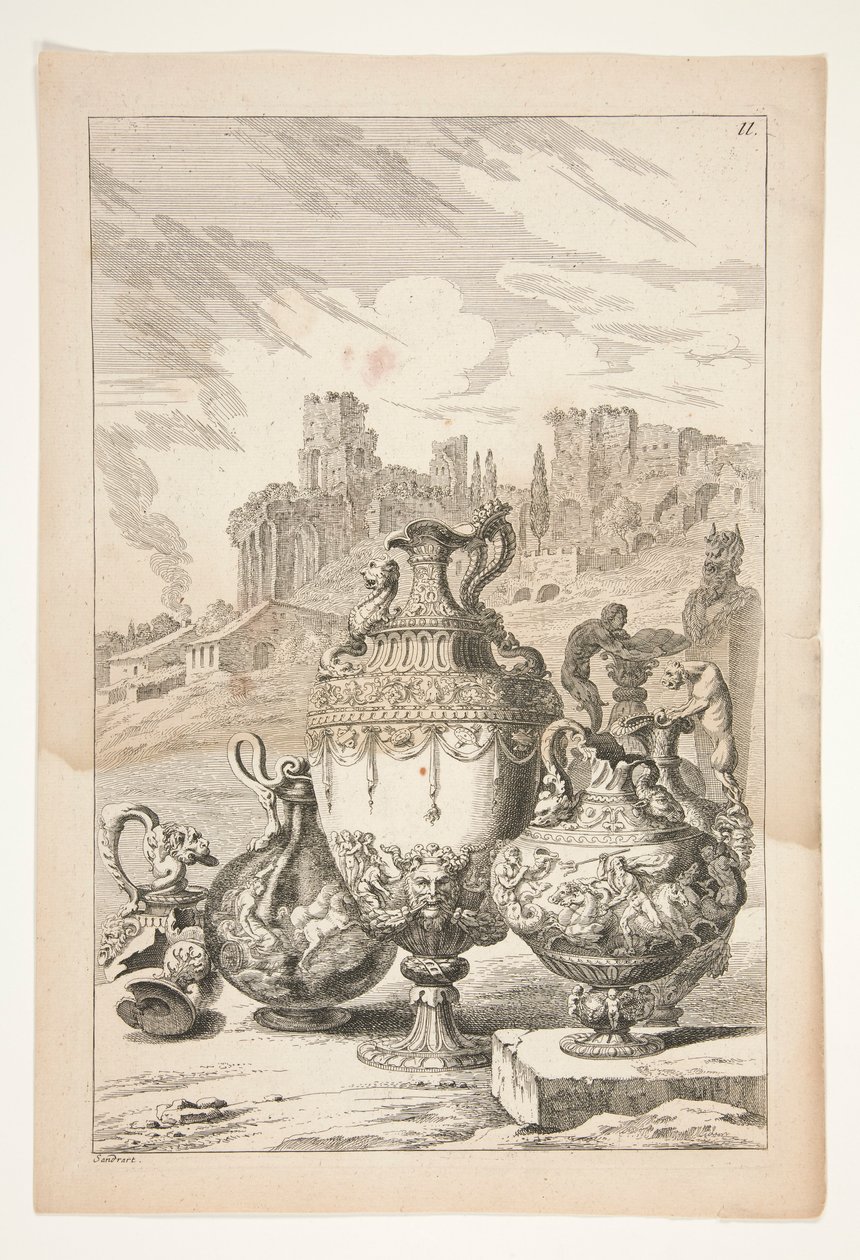 Quatro vasos, um vaso quebrado, um castiçal quebrado e um Herm em uma paisagem com ruínas clássicas de Joachim von Sandrart