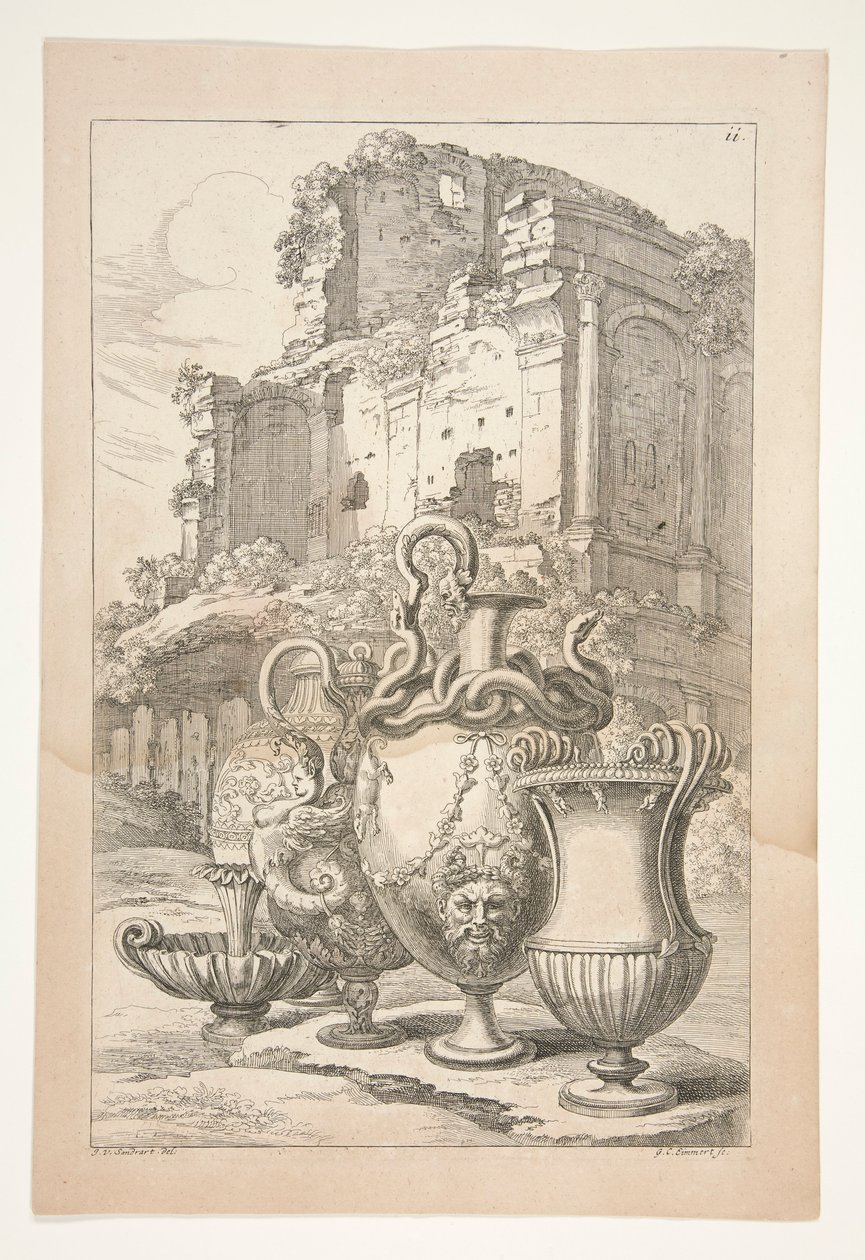 Vasos em uma paisagem entre ruínas antigas de Joachim von Sandrart