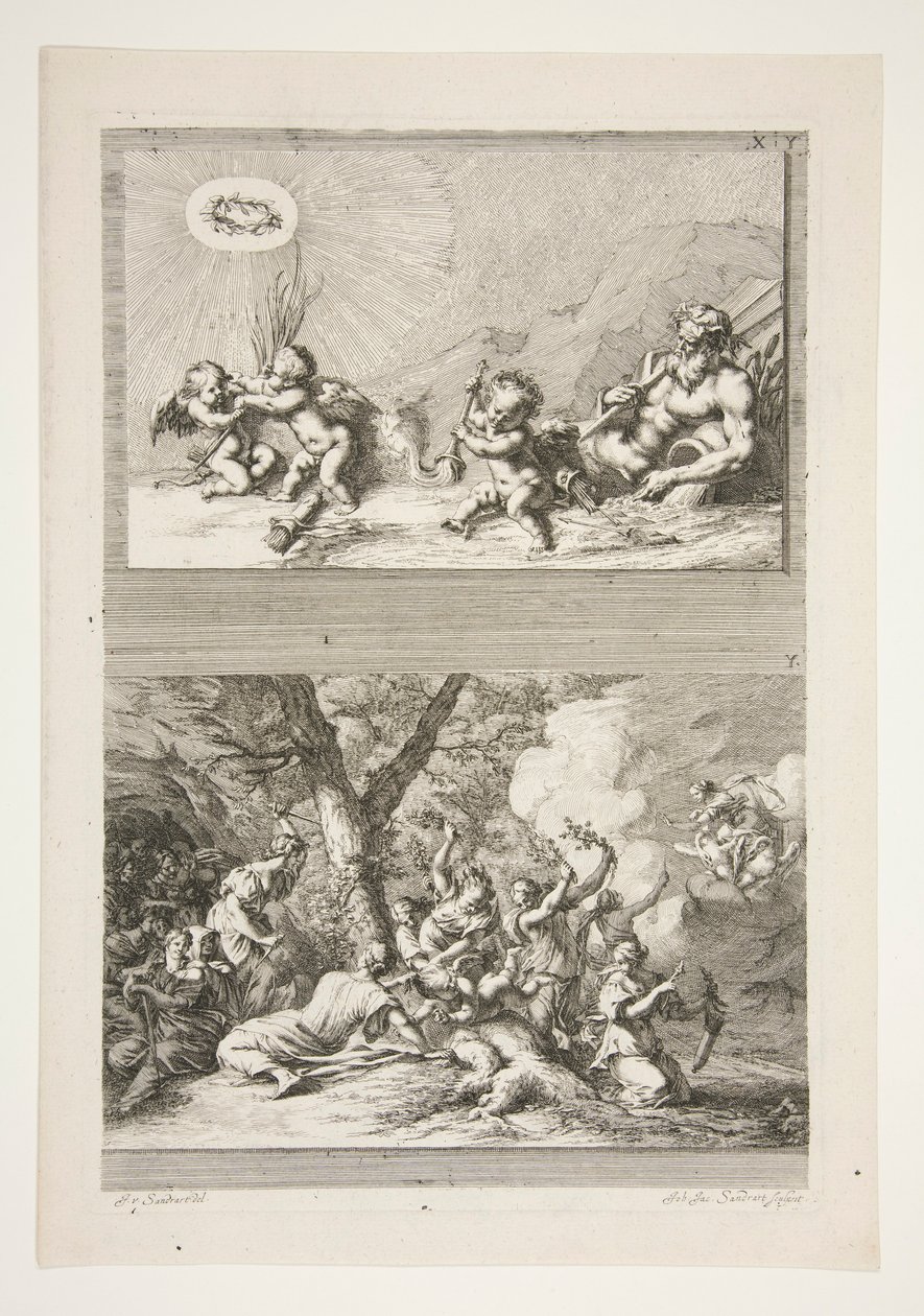 metade superior: Um deus do rio e Putti brincando com os símbolos da fama metade inferior: O Castigo do Cupido de Joachim von Sandrart