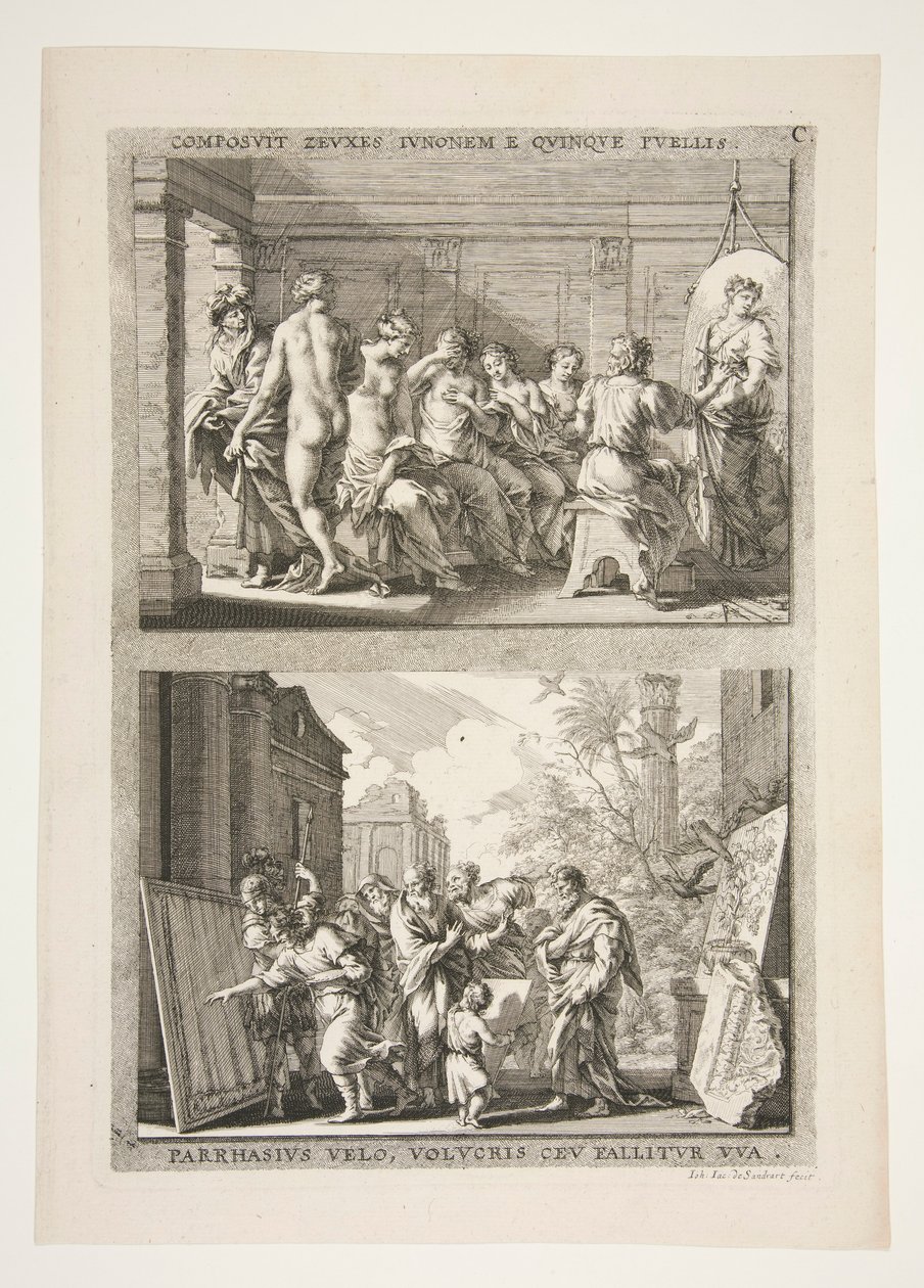 metade superior: COMPOSIT ZEUXES IUNONEM E QUINQUE PUELLIS metade inferior: PARRHASIUS VELO, VOLVCRIS CEV FALLITOR VUA de Joachim von Sandrart