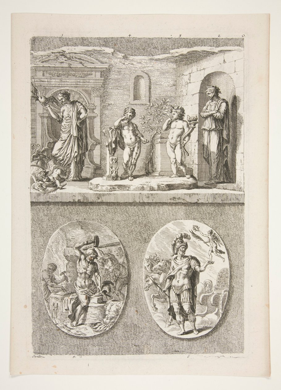 metade superior: quatro estátuas antigas metade inferior: Forja de Vulcano e um general romano vitorioso de Joachim von Sandrart