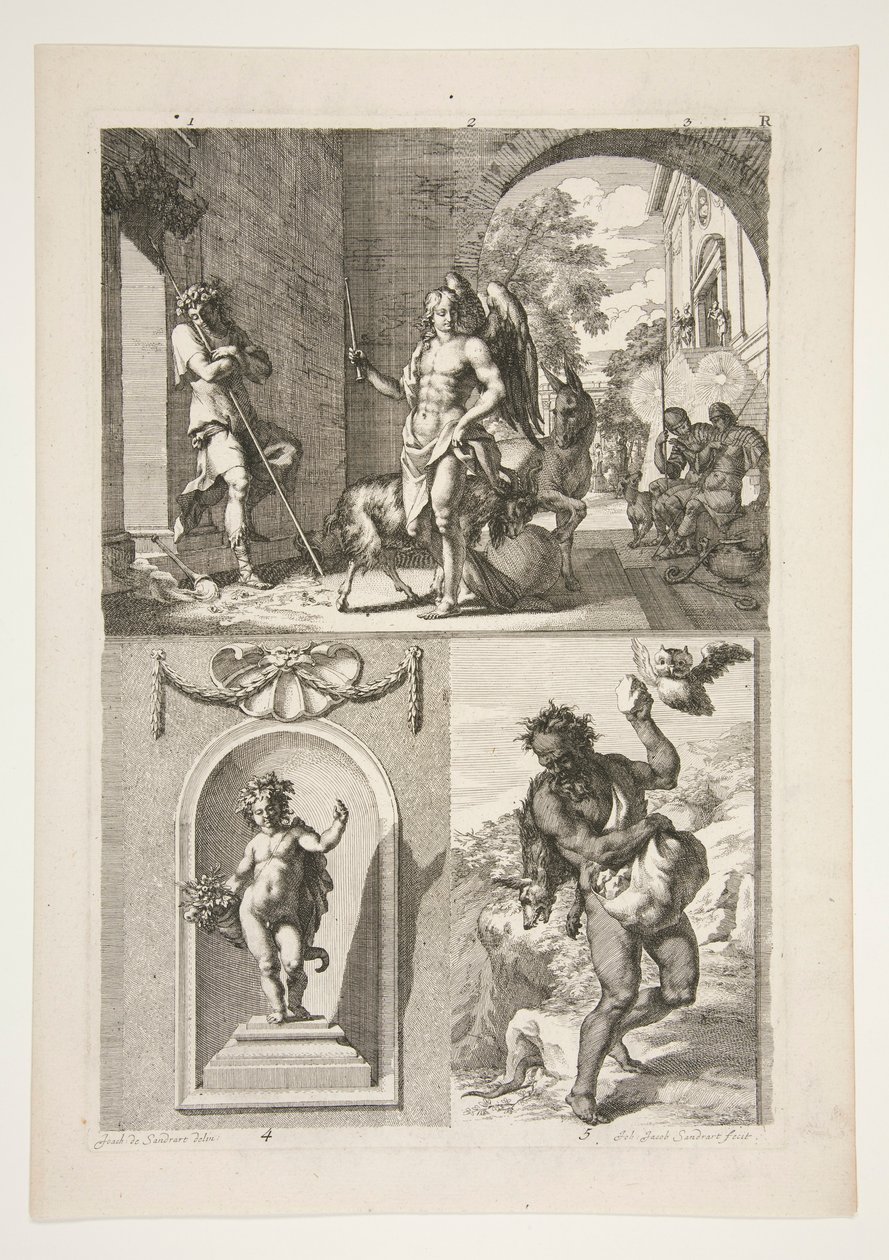 metade de cima: Metade inferior do assunto religioso desconhecido: Uma estátua de um putto num nicho e uma estátua de um fauno numa paisagem de Joachim von Sandrart