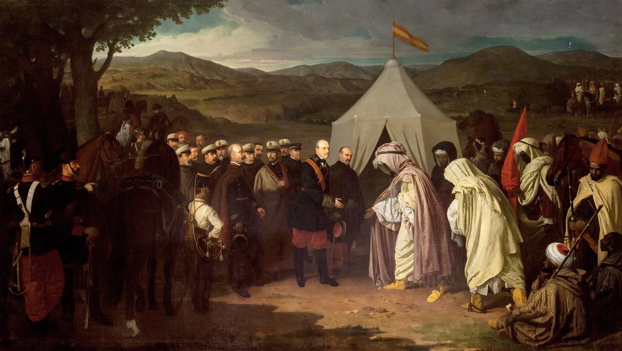 A Guerra Africana - Primeira Guerra de Marrocos ou Guerra de Tetouan - entre Espanha e Marrocos - Comércio de Wad-Ras (Comércio de Wad Ras) 1859 - pintura de Joaquin Dominguez Becquer - Ayuntamiento de Sevilla de Joachin Dominguez Becquer