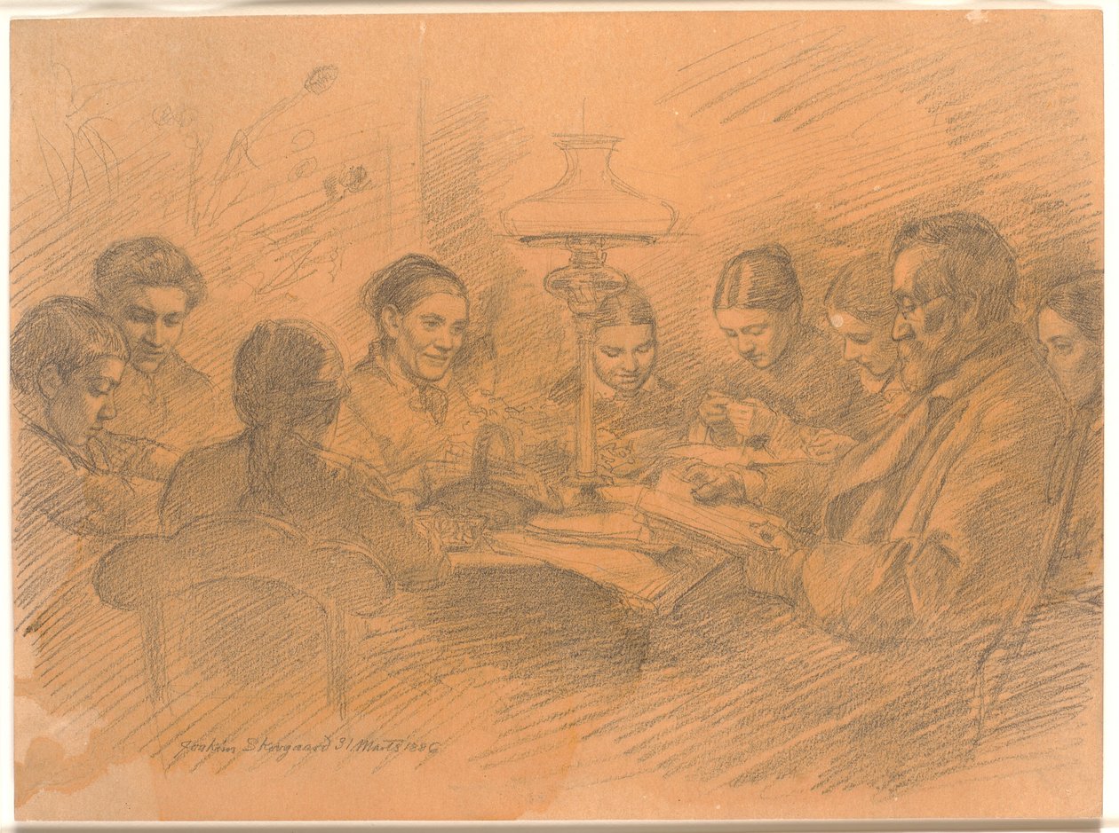 A família Johan Lange reunida em torno da lâmpada de Joakim Frederik Skovgaard