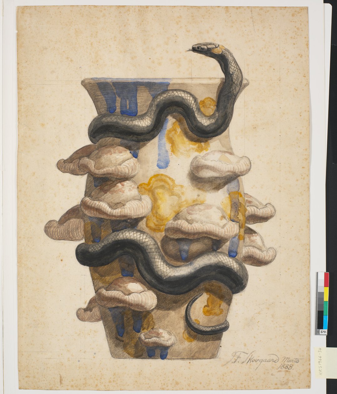 Preparação para vaso decorado com cobra de plástico e cogumelos de Joakim Frederik Skovgaard