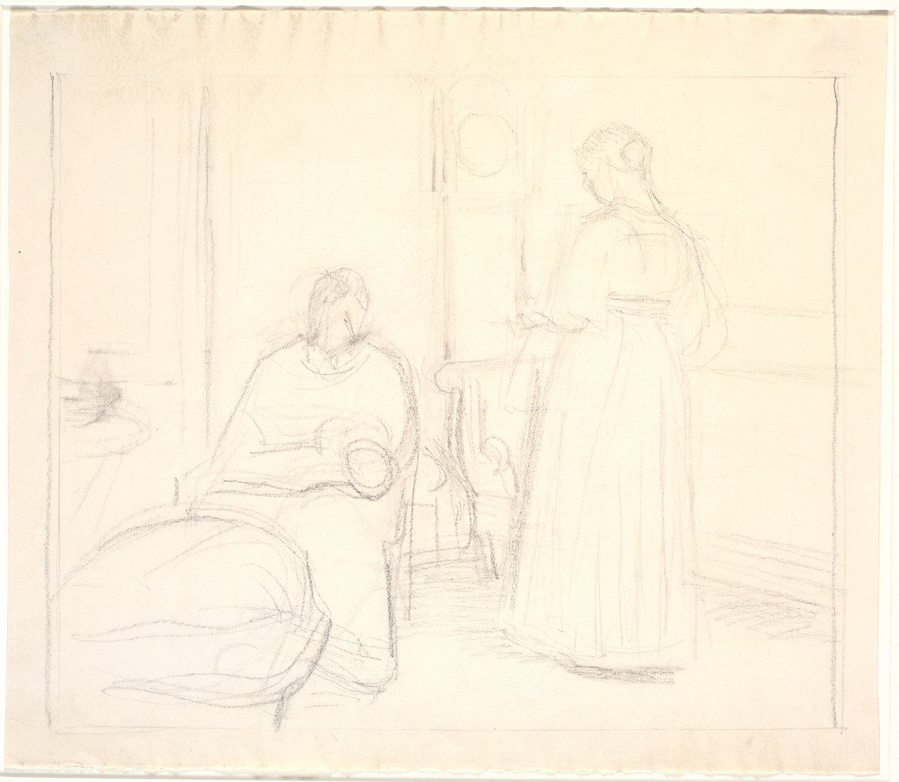 Interior com relógio e mulher sentada e em pé de Joakim Frederik Skovgaard