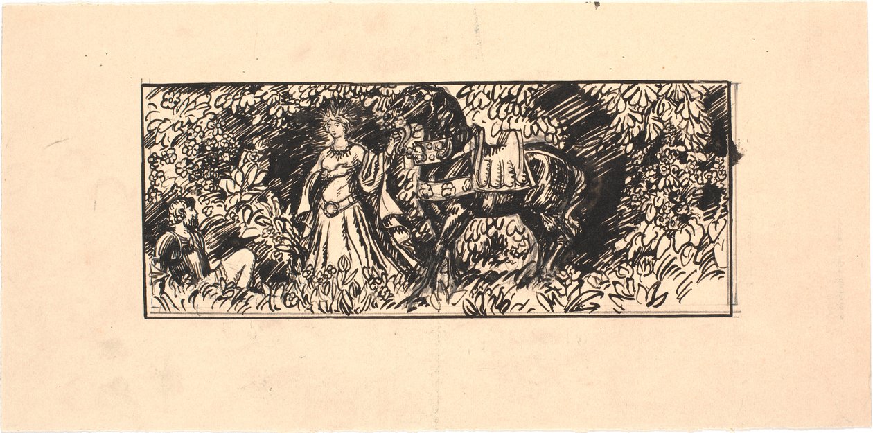 Princesa leva cavalo preto a cavaleiro sentado na floresta de Joakim Frederik Skovgaard