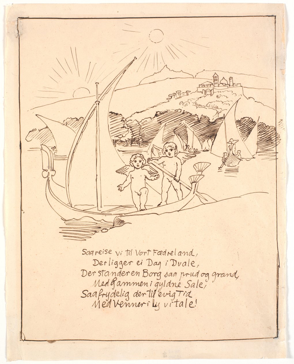 Esboço da ilustração final com as crianças anjos no barco de Joakim Frederik Skovgaard