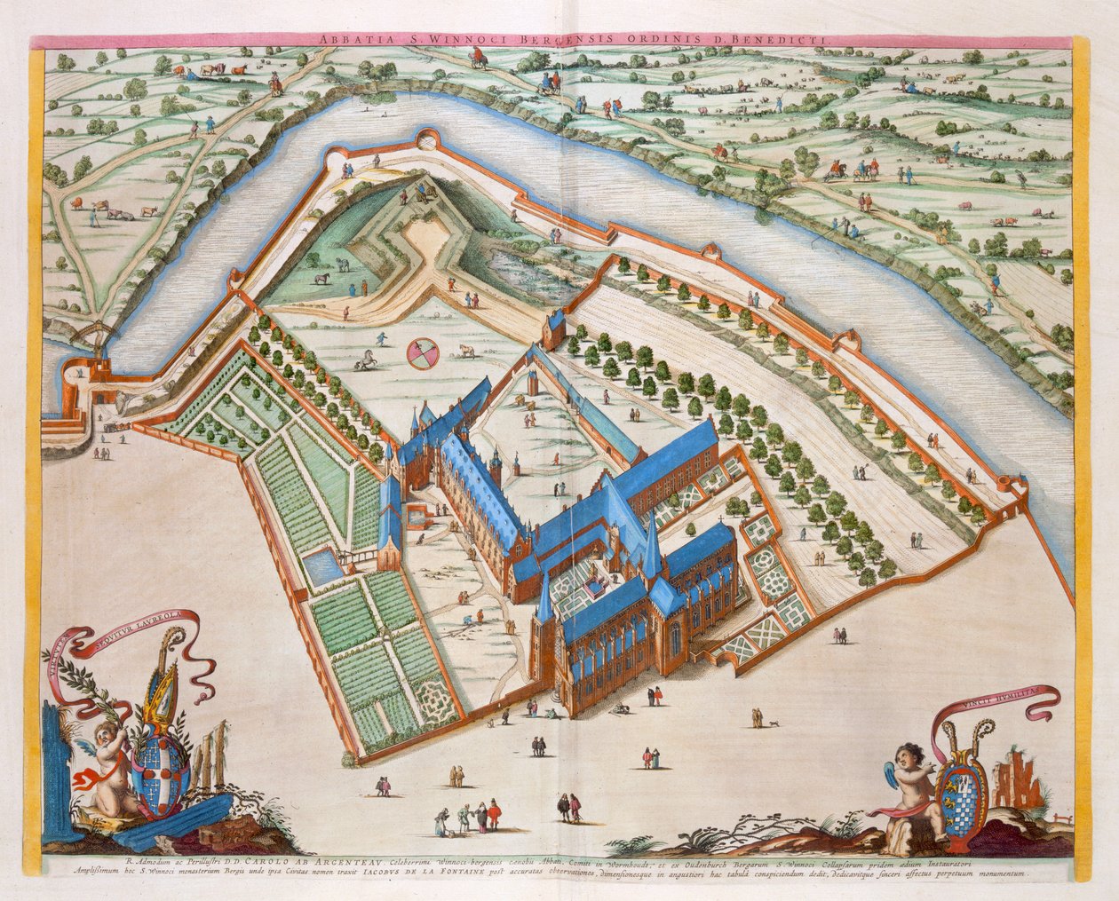 A abadia beneditina de St Winnock, Bergen, Holanda, 1649 (gravura colorida à mão) de Joan Blaeu