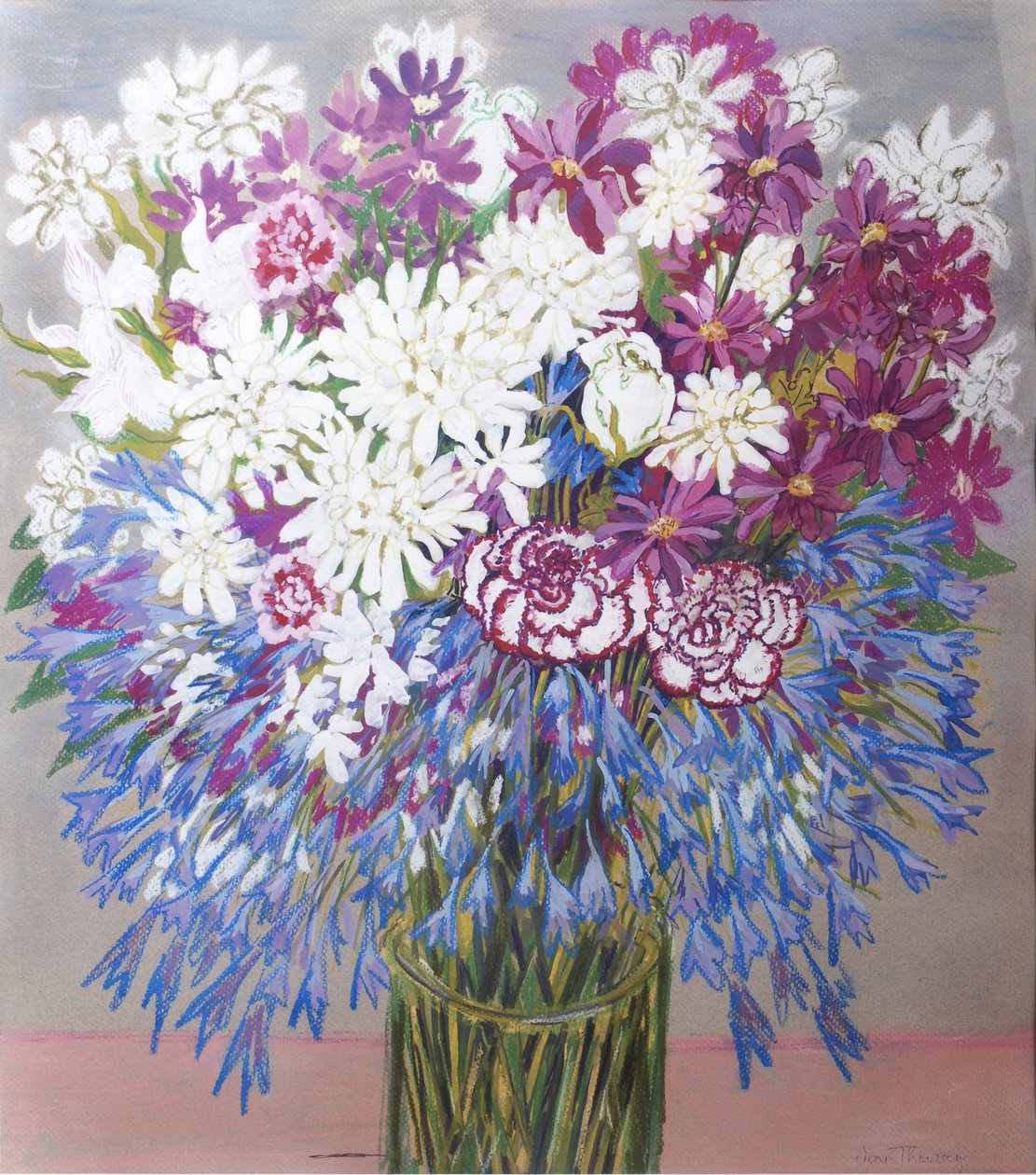 Agapantha, crisântemos e cravos, 2012, guache de Joan Thewsey