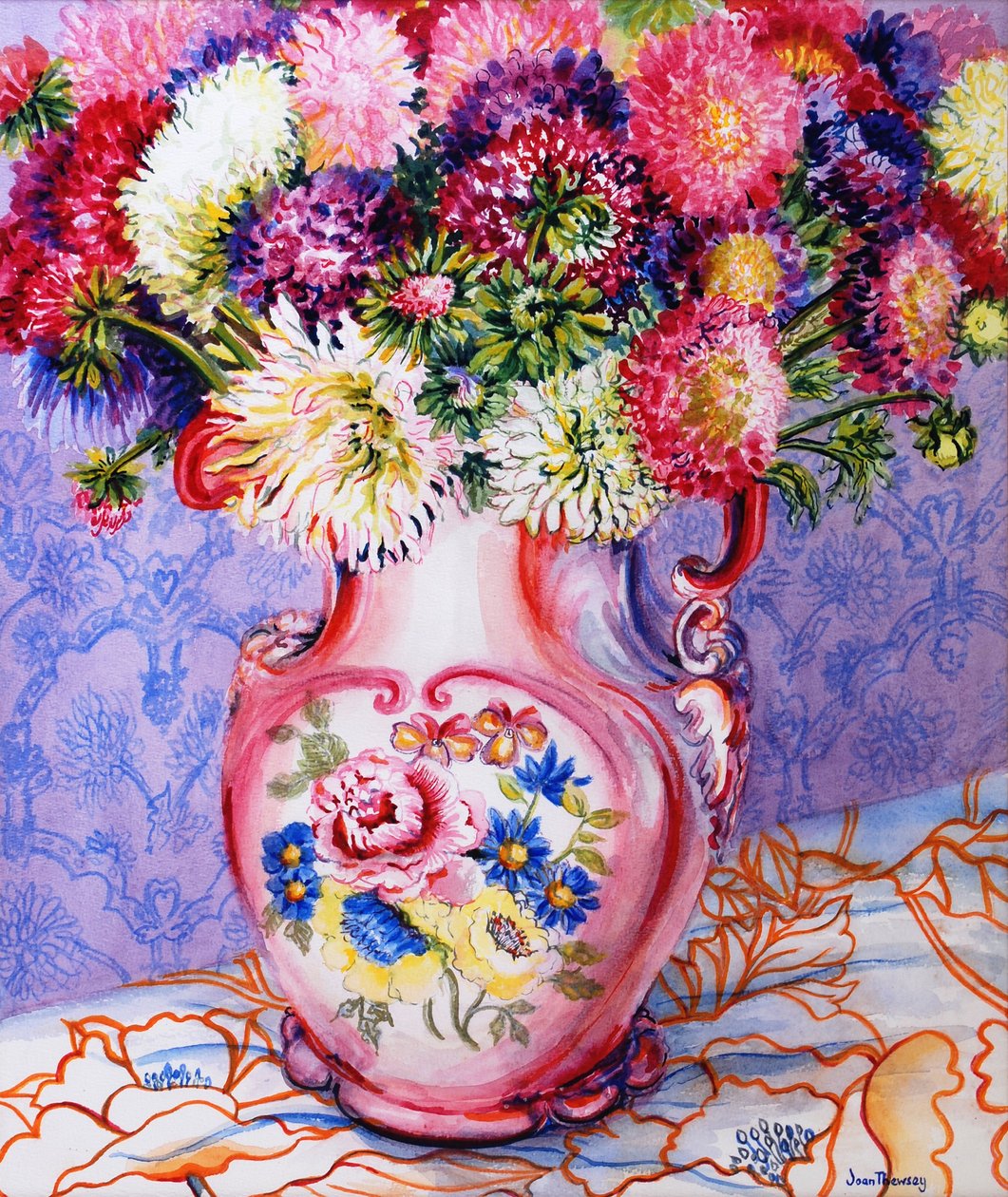 Ásteres em um jarro de Victorian Floral rosa 2002 (wc no papel) de Joan Thewsey