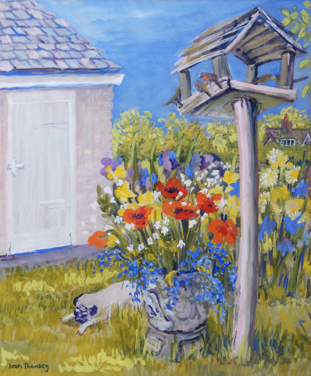 Cottage Garden com Birdhouse e Pug, de 2011, guache de Joan Thewsey