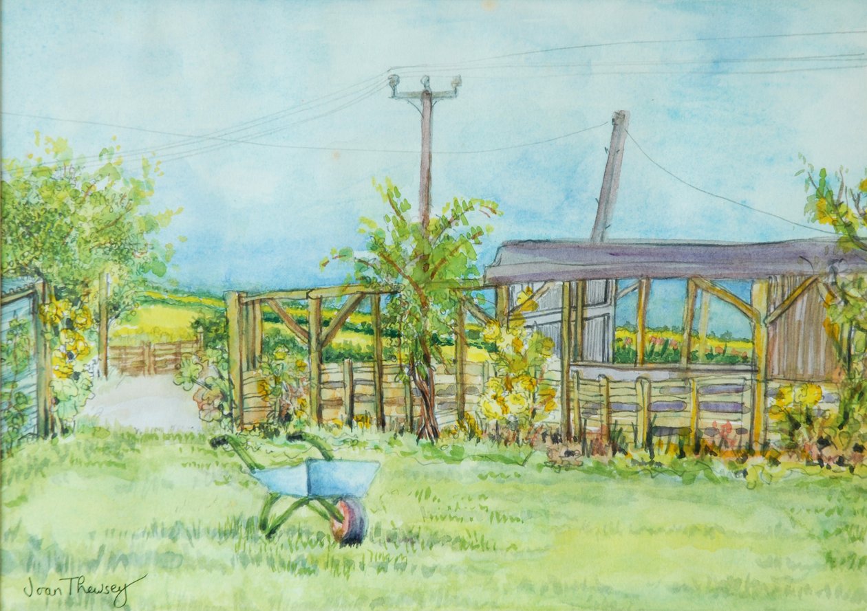 Cottage Garden com carrinho de mão, 2011, lápis e aquarela de Joan Thewsey