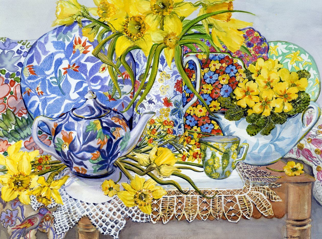Narcisos, Jarros Antigos, Pratos, Têxteis e Rendas, 2012 de Joan Thewsey