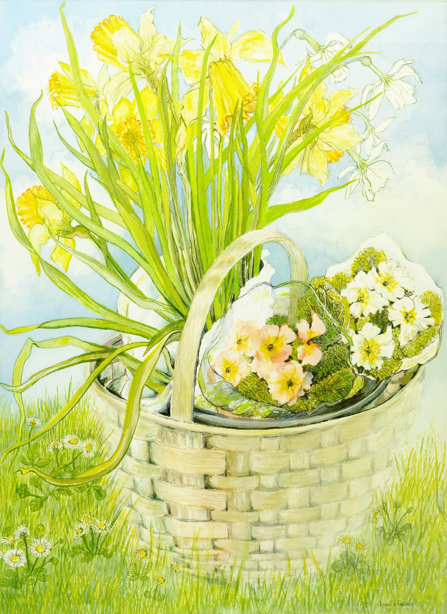 Narcisos e prímulas em uma cesta (wc em papel feito à mão) de Joan Thewsey