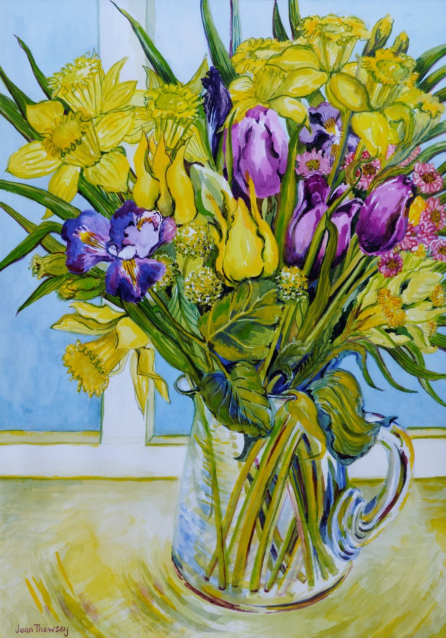 Narcisos e tulipas em um jarro de vidro por uma janela (wc em papel feito à mão) de Joan Thewsey