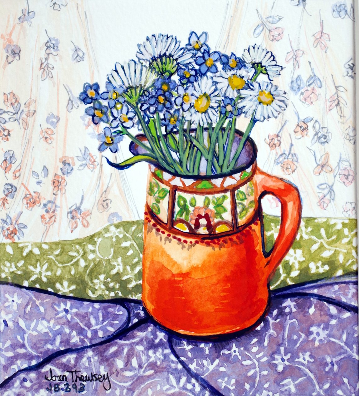 Margaridas e Jarro de Laranja de Esquecer e Tecido Estampado, (cor de água) 2015 de Joan Thewsey