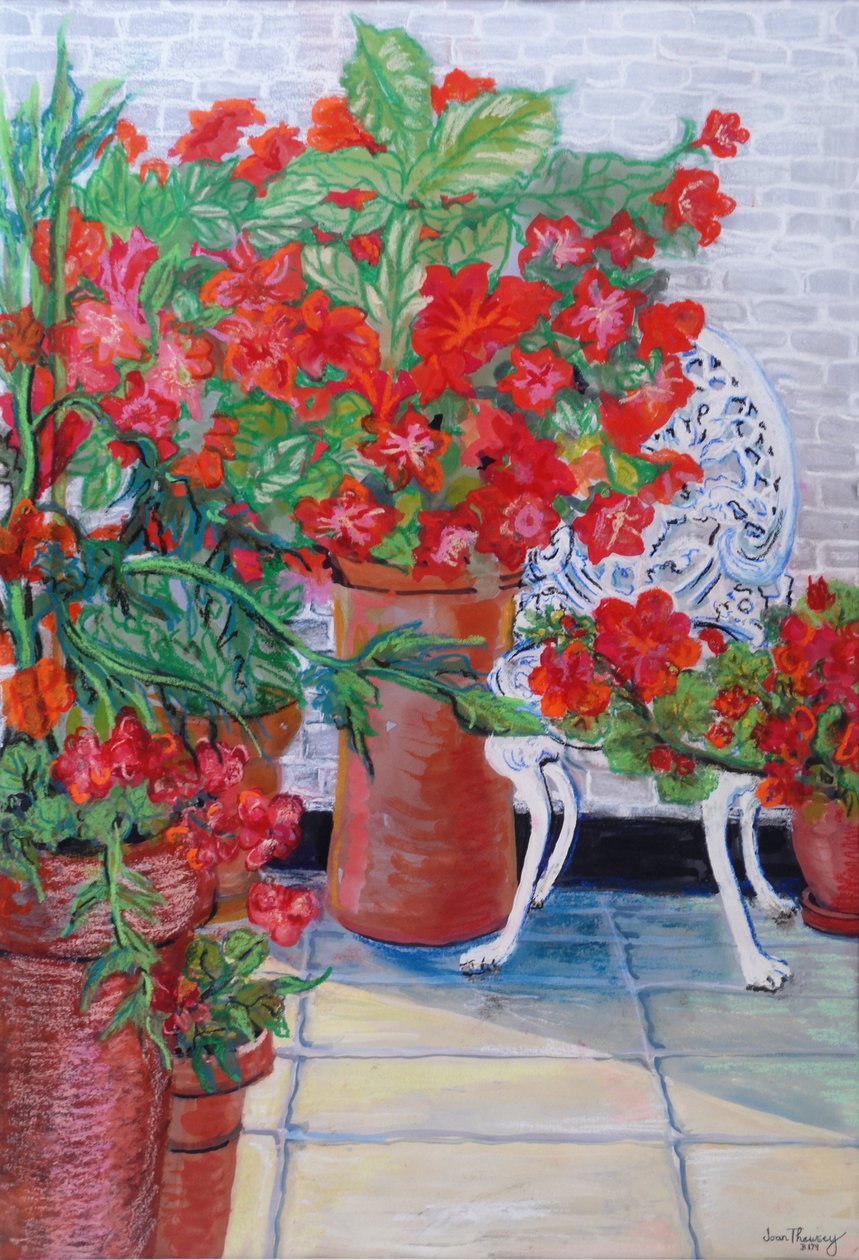 Gerânios e Petúnias no Terraço, 2011, (Guache sobre papel) de Joan Thewsey