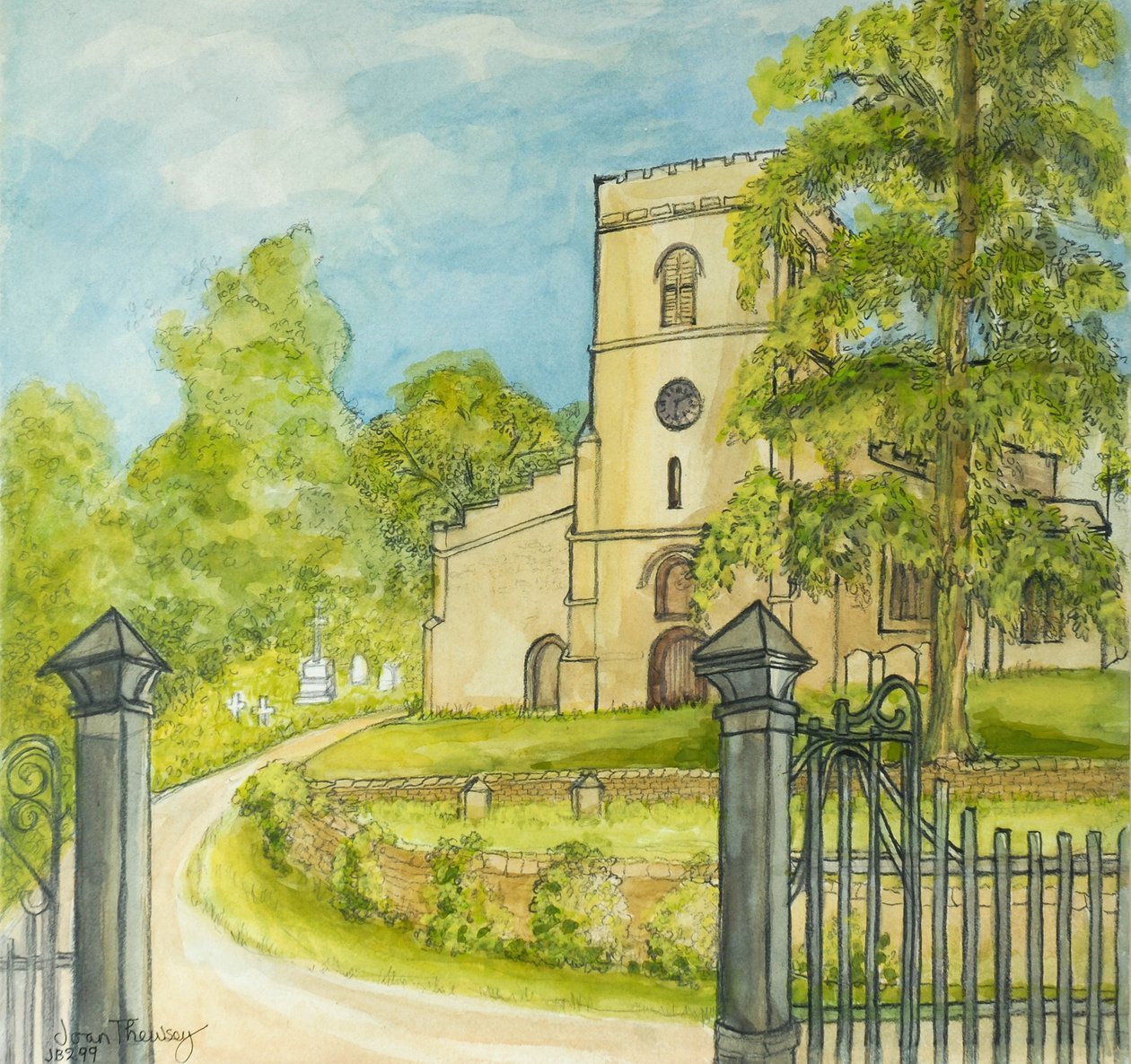 Moulton Church, 2010, lápis com cor de água de Joan Thewsey