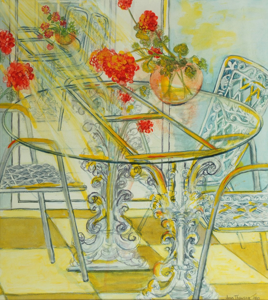 Patio Garden, Geraniums Reflected, 2010, aquarela de Joan Thewsey