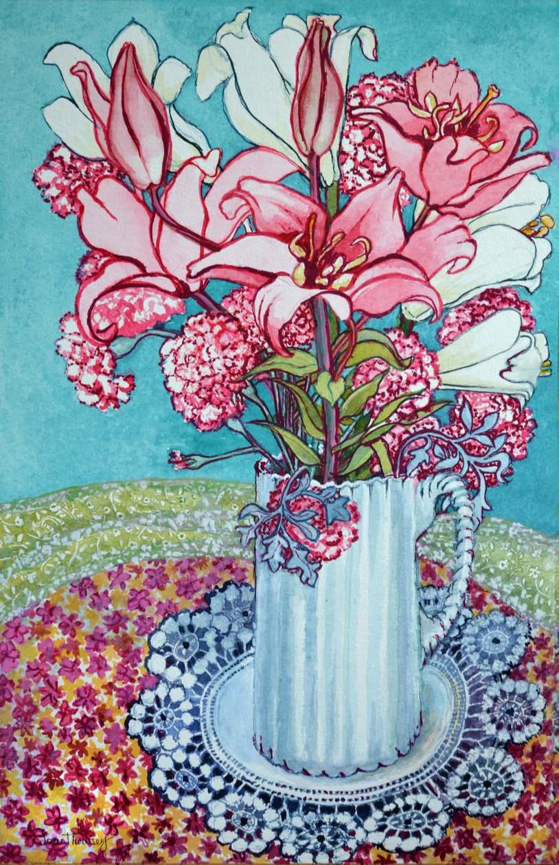 Lírios cor-de-rosa em um jarro, com laço, 2000, de Joan Thewsey