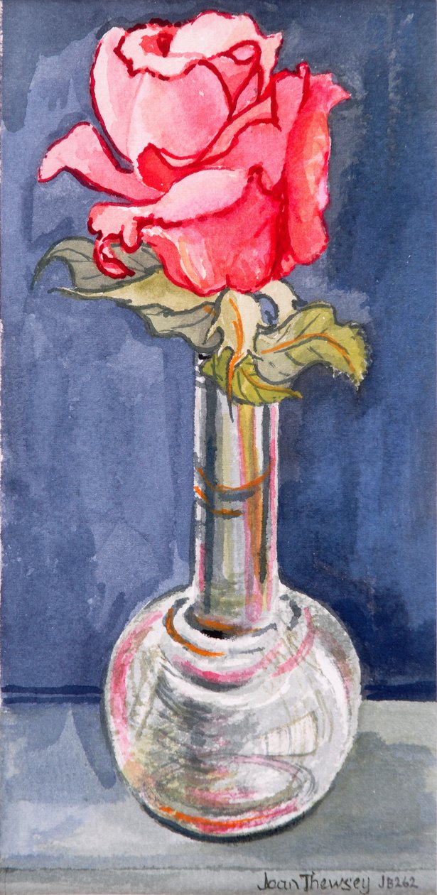 Pink Rose em um vaso Bud, 2000. Água de cor em papel artesanal de Joan Thewsey