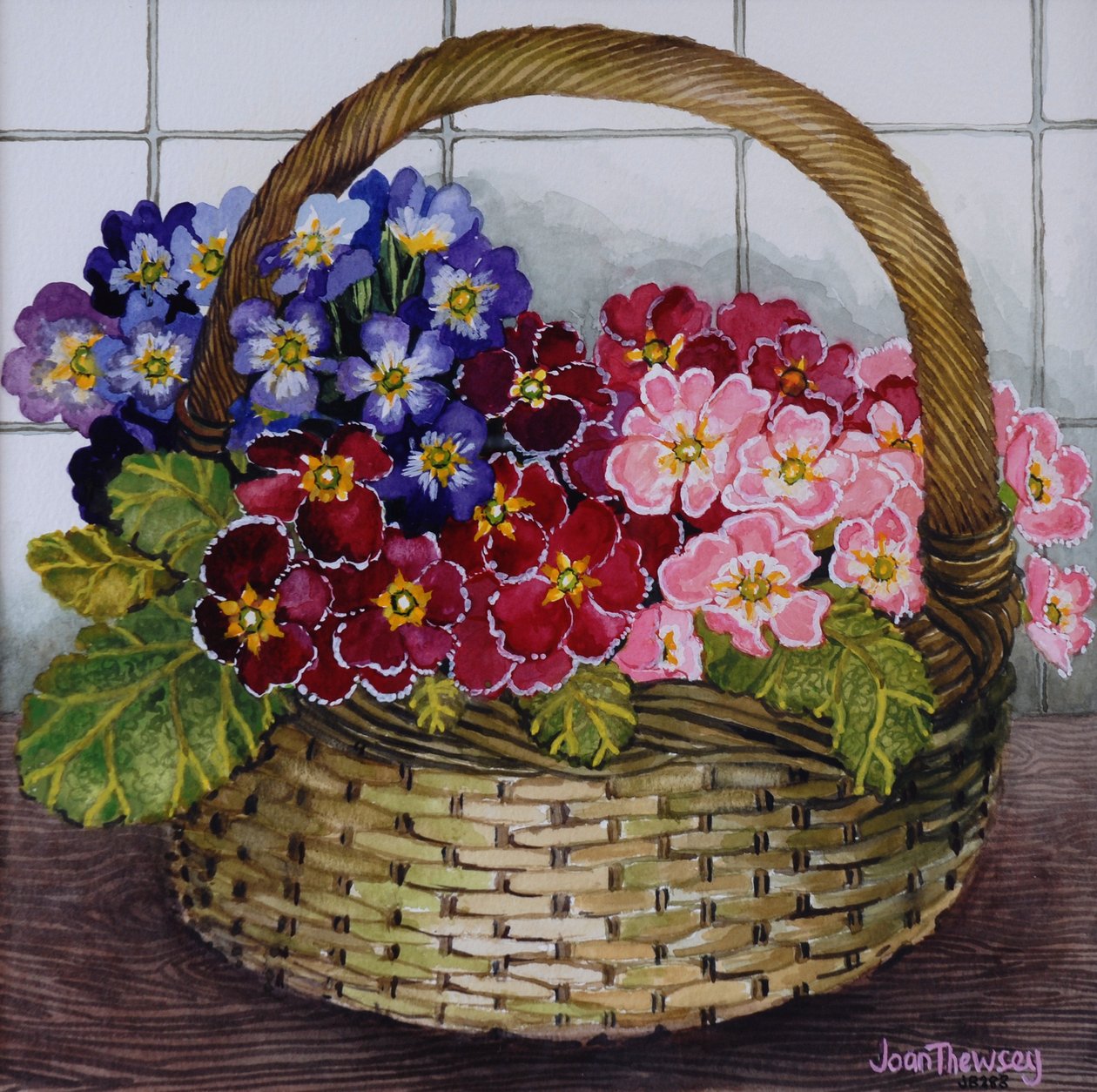 Prímulas malva e rosa vermelhas em uma cesta de 2012 de Joan Thewsey