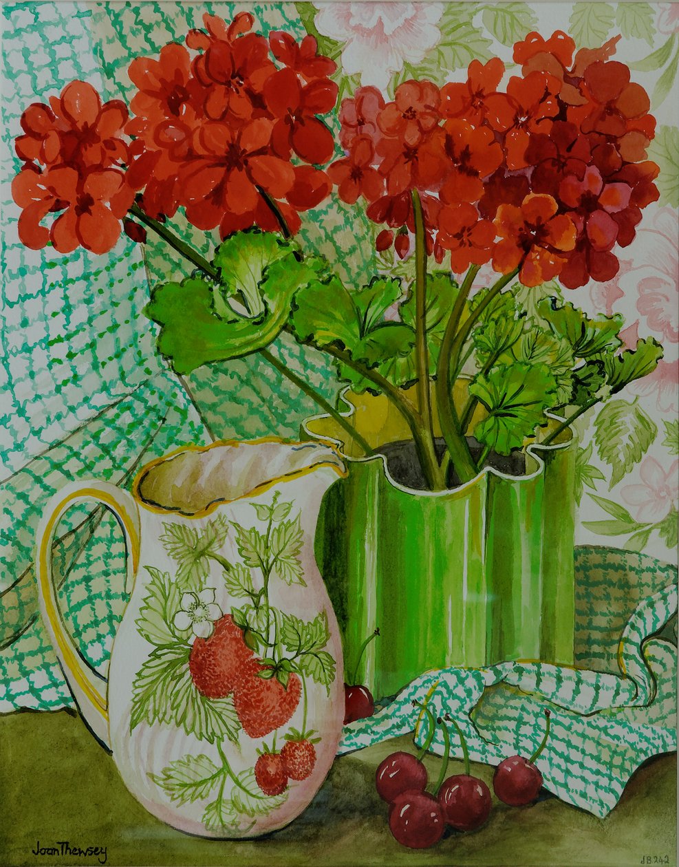Gerânio vermelho com o jarro de morango e cerejas (wc em papel feito à mão) de Joan Thewsey