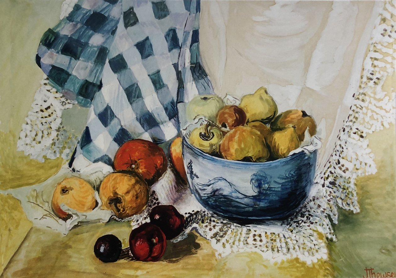Ainda vida com uma tigela azul, maçãs, peras, têxteis e rendas, (guache) de Joan Thewsey