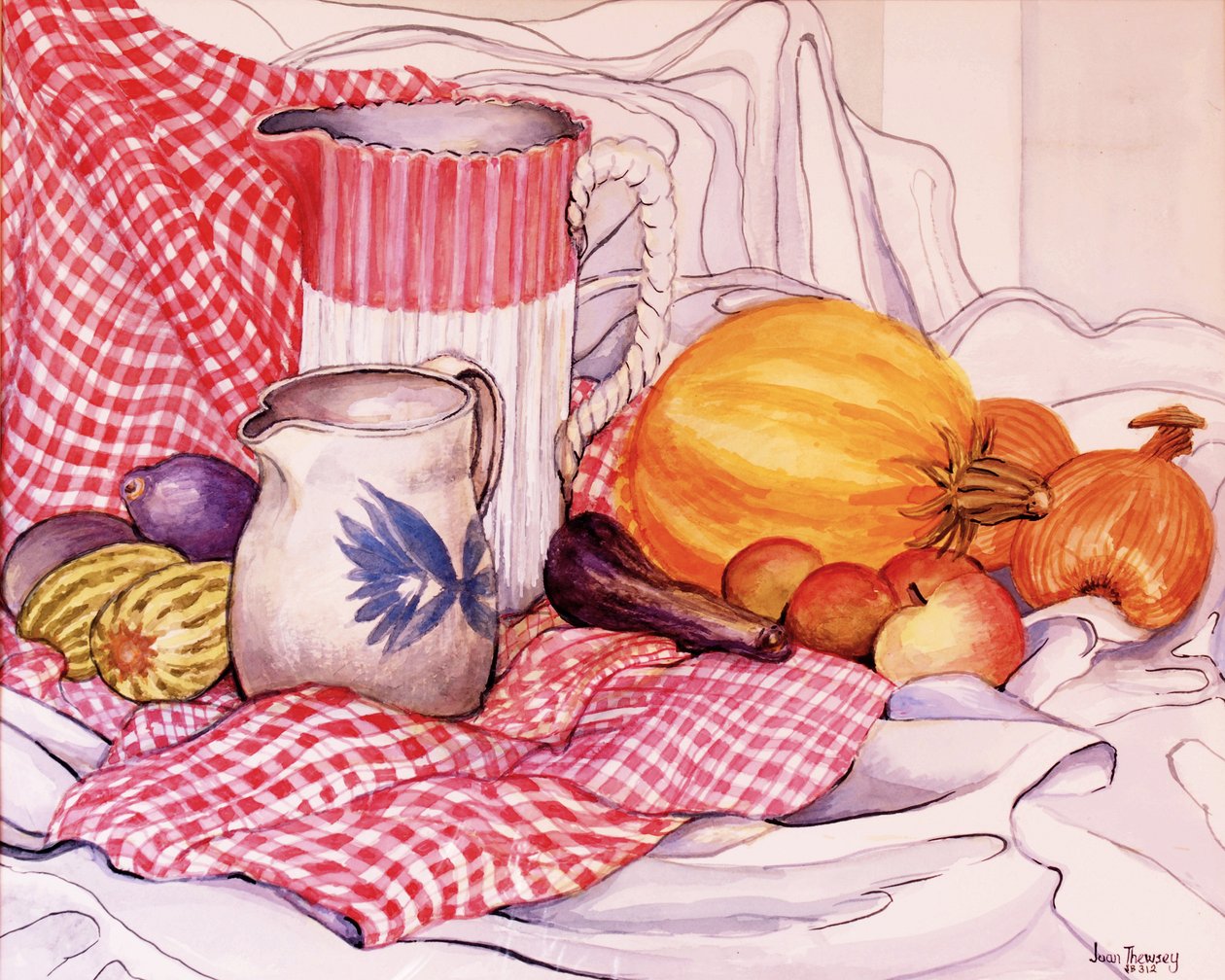 Ainda-vida com dois jarros e legumes, 2013, lápis com cor de água de Joan Thewsey