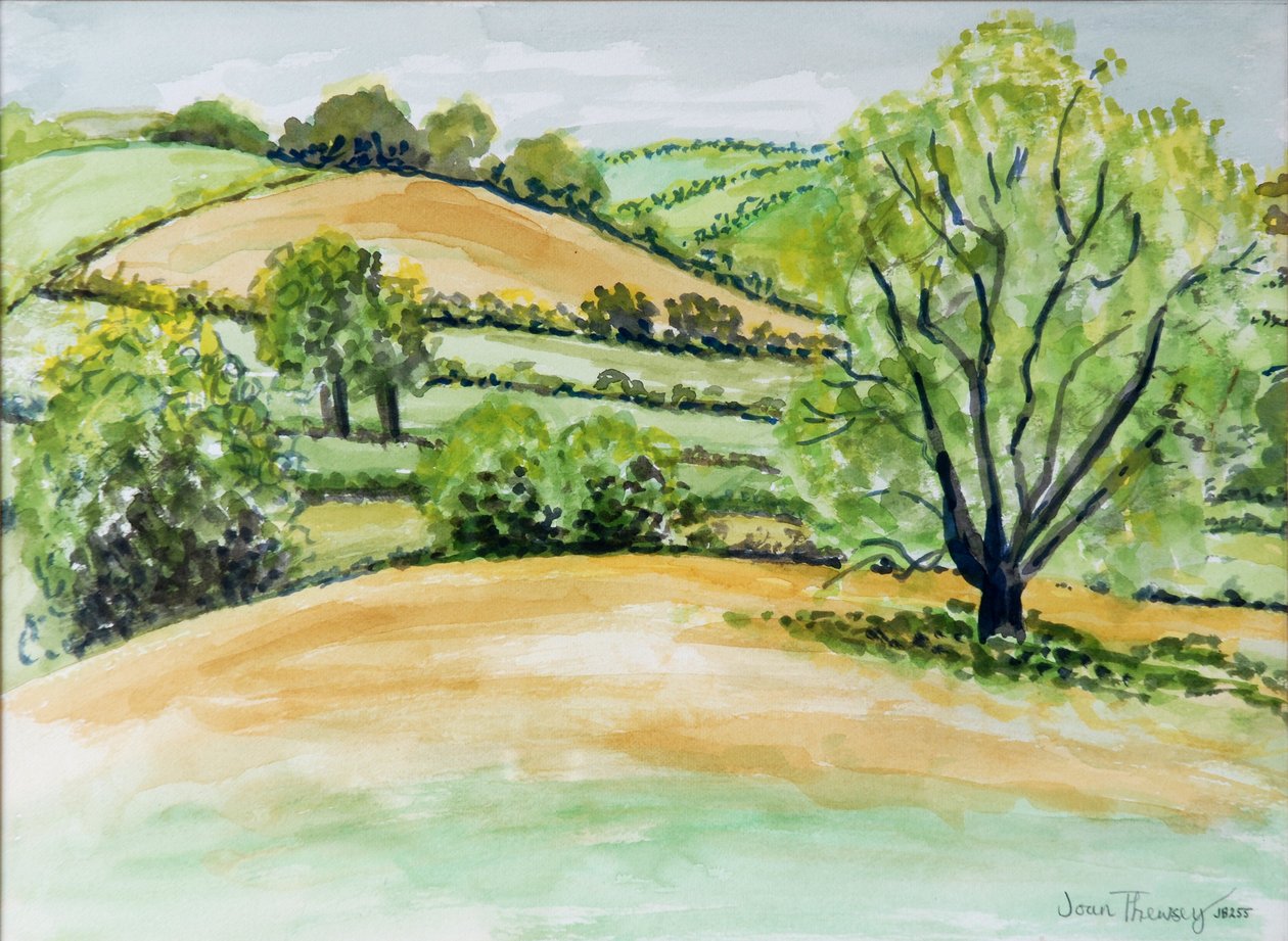 Paisagem de Suffolk, vista da Dalham Church, 2011, cor de água de Joan Thewsey