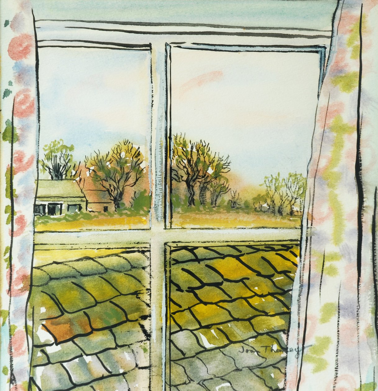 Através da janela do chalé Suffolk, 2010, (aquarela) de Joan Thewsey