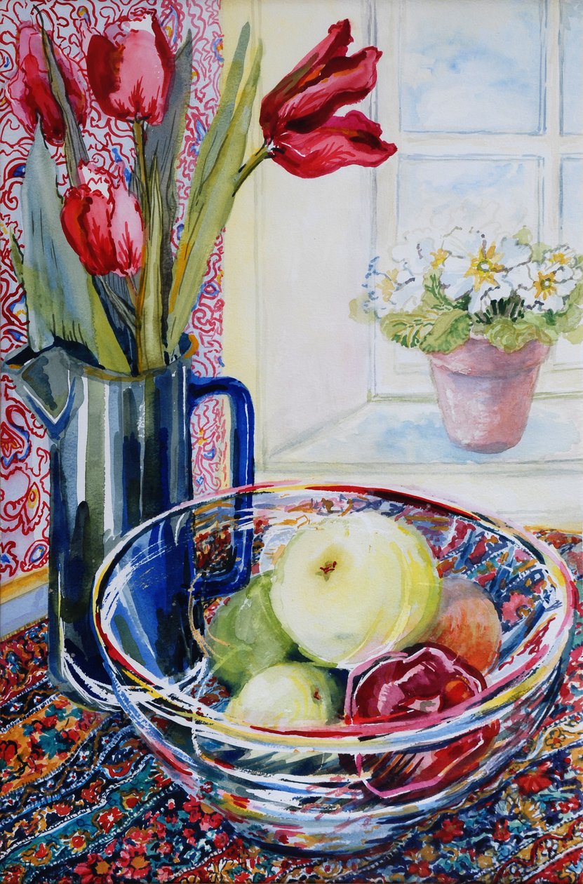 Tulipas em um jarro, com uma tigela de vidro 2003 de Joan Thewsey