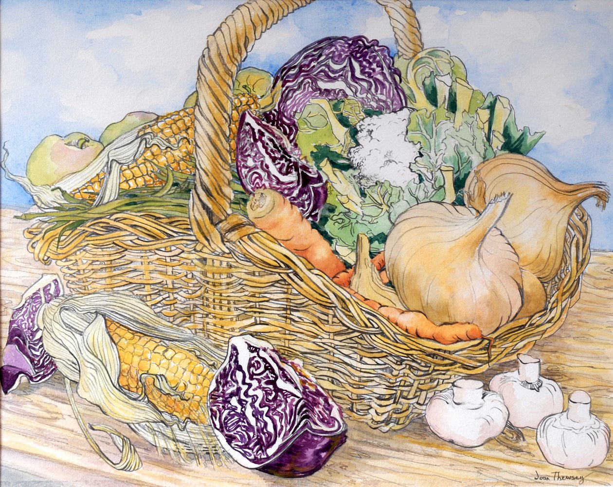 Legumes em uma cesta, 2012, (lápis e cor de água em papel artesanal) de Joan Thewsey