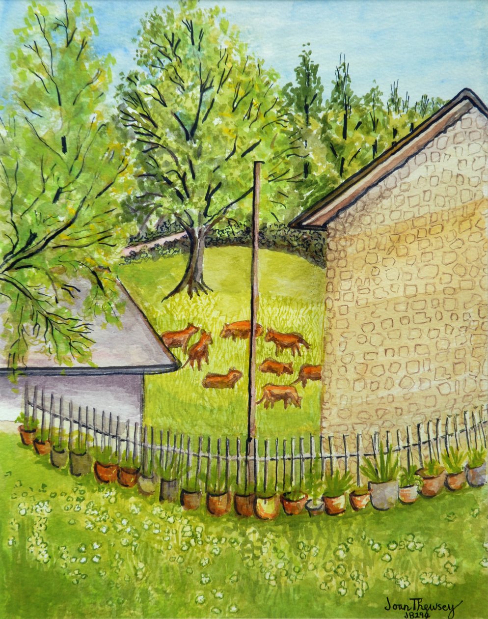 Vista do jardim Ruths, Limousin France, cor de água de Joan Thewsey