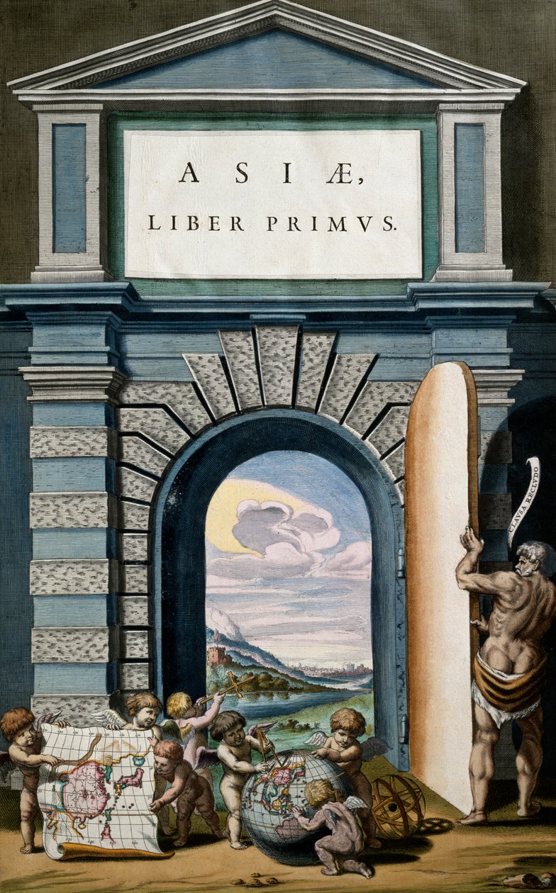 Asiae (Asia), Livro I, página de rosto do Volume X, Atlas Maior, de Joan Blaeu (1596-1673), gravação em cobre, 57,5x39 cm, Amesterdão de Joan Blaeu