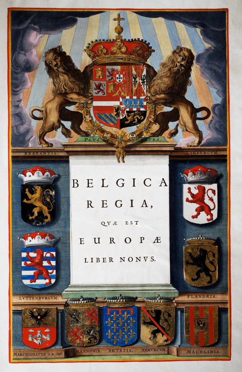 Belgica Regua quae est Europae, Livro IX, página de título do Volume IV, de Atlas Maior, atlas em 11 volumes, de Joan Blaeu (1596-1673), gravura em cobre, 57,5x39 cm, Amsterdão de Joan Blaeu