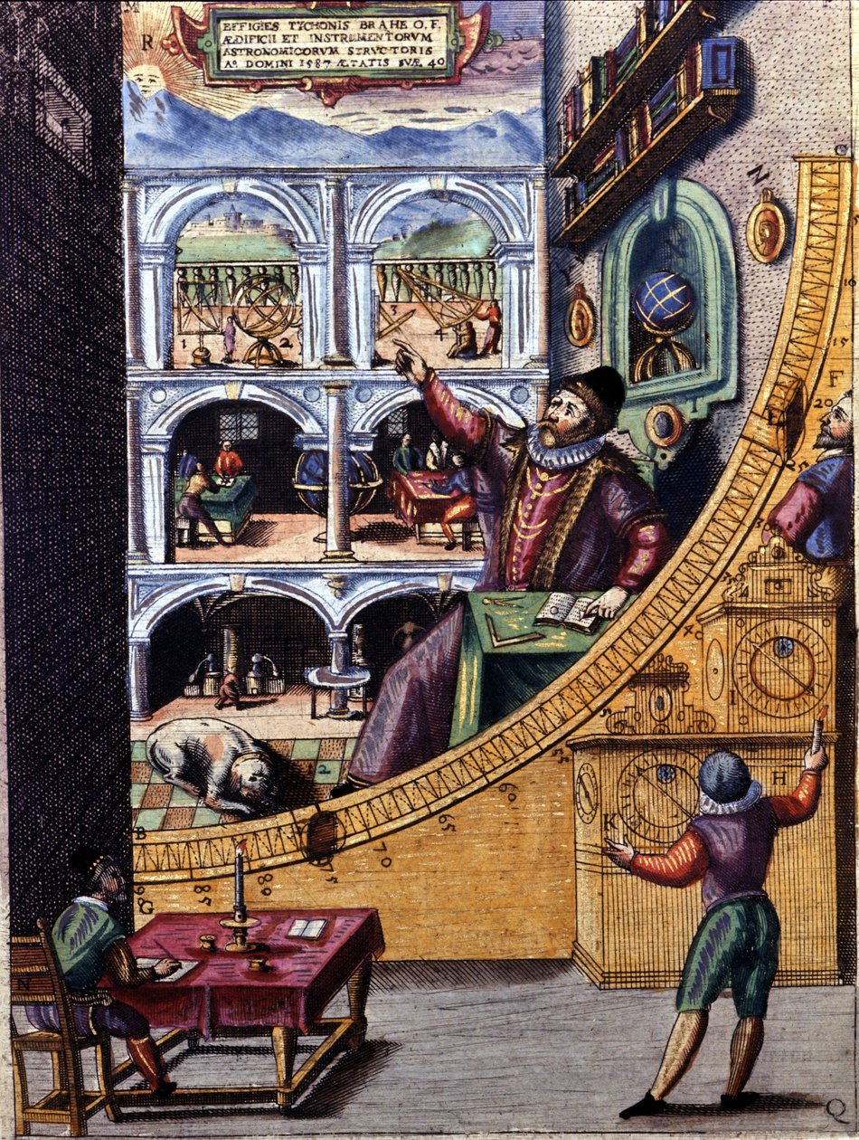 O astrónomo dinamarquês Tycho Brahe (1546 - 1601) no seu observatório em Uranienburg - gravura a cores por Atlas Major Ssive e cosmographed Blavania labores e sumptibus por Johannis Blaev de Joan Blaeu